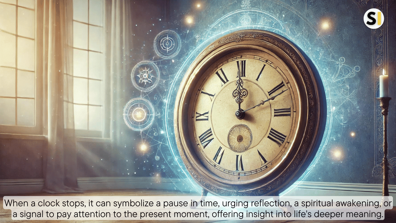 An old clock with its hands frozen at midnight, emitting a gentle light. The room has a calm, spiritual vibe with soft blue, purple, and yellow hues, representing the deeper meanings of a stopped clock.