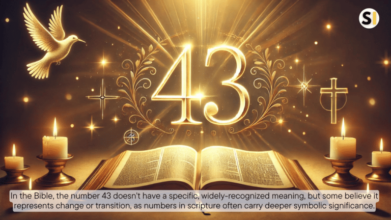 An open Bible bathed in warm golden light with the number "43" glowing above it. Soft religious symbols like a cross, rays of light, and a dove surround the scene, creating a calm and spiritual mood, perfect for exploring biblical meanings.