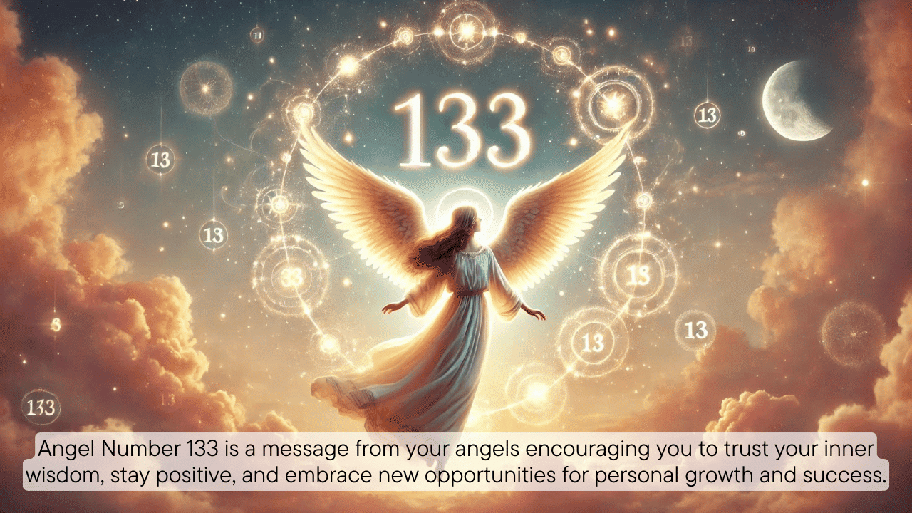 A glowing angel with soft wings is surrounded by light in a peaceful, celestial scene. The number "133" is visible in the sky, formed by gentle clouds or glowing figures. The sky, painted in warm pastel tones, evokes a sense of calm and divine guidance, suggesting a spiritual message from the angels.