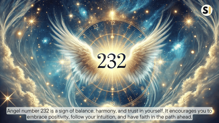 Yellowish theme of angel wings having/written 232 in middle of wings feeling is like we are in yellowish galaxy