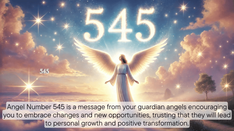 A peaceful, heavenly scene featuring a glowing angel surrounded by soft light. The number "545" appears in the sky, formed by gentle clouds. The angel stands gracefully with welcoming wings, suggesting divine guidance. The sky is painted with soft pastel colors, creating a calming and spiritual atmosphere.