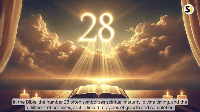 An open Bible glowing on a peaceful altar, with rays of light streaming from the sky. The number '28' softly illuminated in the clouds above, creating a divine, serene atmosphere with a sunset horizon in the background.