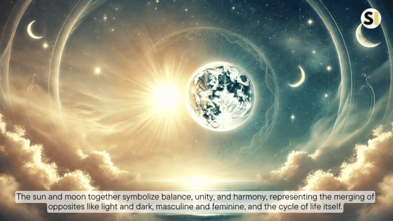 The sun and moon appear together in a peaceful sky, the sun glowing warmly on one side and the moon softly illuminating the other. Gentle clouds and faint spiritual symbols, like stars, enhance the calm and celestial atmosphere, symbolizing harmony and spiritual balance.