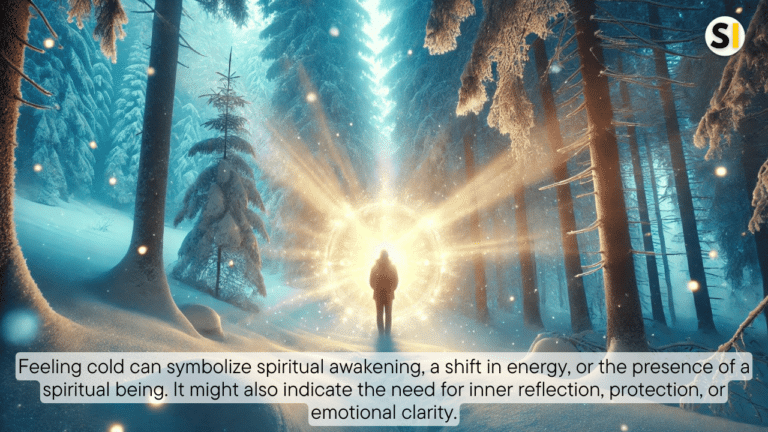 A person stands in a snowy forest, wrapped in glowing light with beams of sunlight breaking through the trees, surrounded by a calm blue aura and softly falling snowflakes, symbolizing spiritual protection and peace.