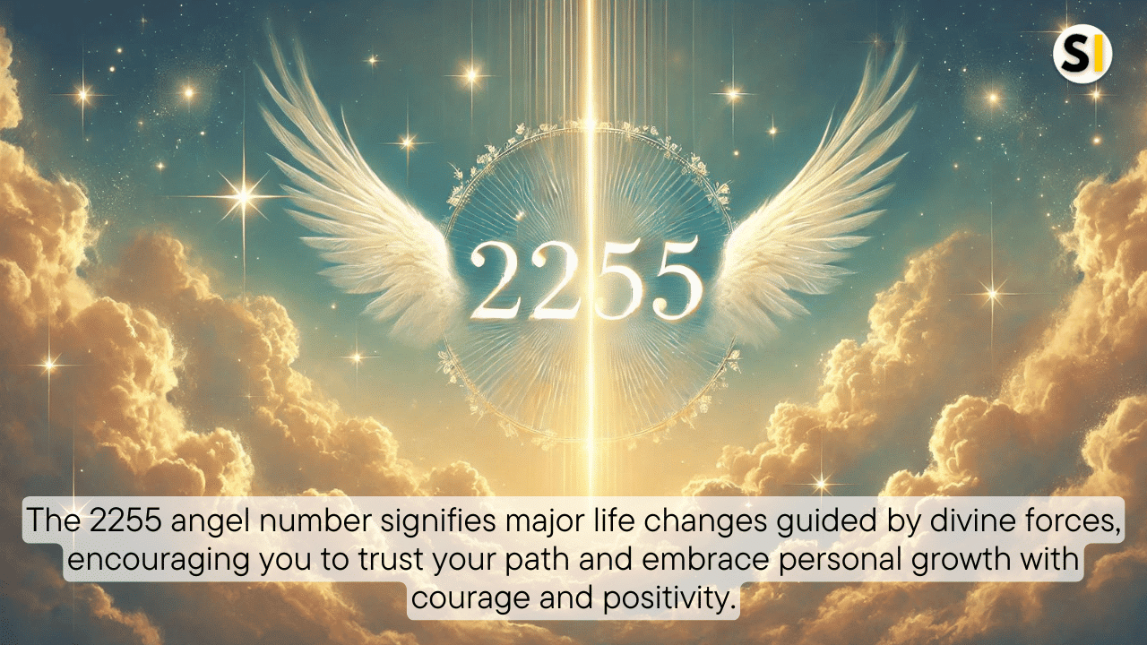 A serene celestial scene with the glowing number 2255 floating in the sky, surrounded by beams of light and angel wings, set against a golden and blue gradient sky, symbolizing peace, spirituality, and divine presence.