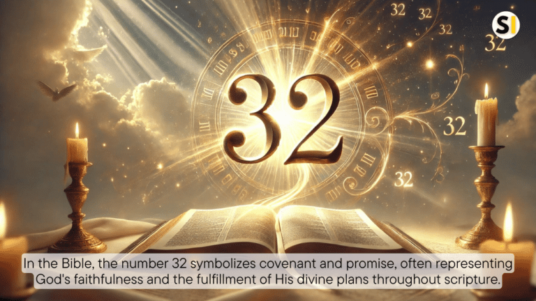 A spiritual scene featuring the number 32 glowing softly, with an open Bible emitting golden light. Rays of sunlight break through clouds in the background, symbolizing divine presence and biblical symbolism.