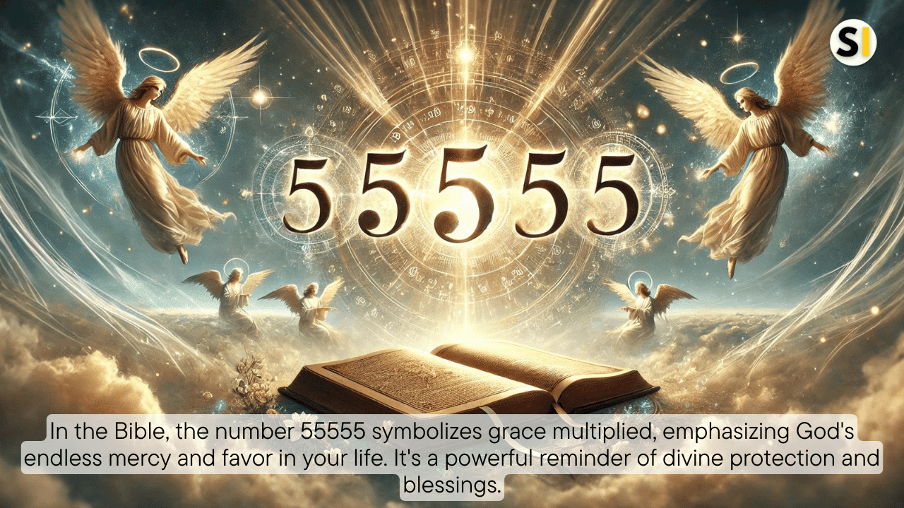 The image shows a celestial scene with several angels floating in the sky, surrounded by glowing light. In the center, the number "55555" is prominently displayed, shining brightly. Beneath the angels, there is an open book, resting on clouds with flowers around it, adding to the heavenly atmosphere. The background features stars, swirling light patterns, and a mystical aura. The overall tone of the image conveys a sense of spirituality and divine presence.