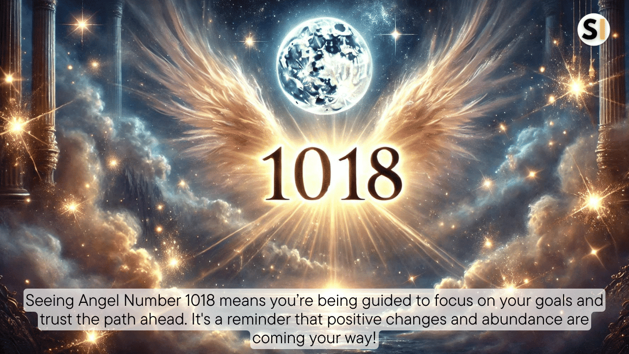 An ethereal scene with the glowing number 1018 softly illuminated against a twilight sky filled with stars and a radiant full moon. Gentle golden beams and subtle angel wings in the background symbolize spiritual guidance and divine presence.