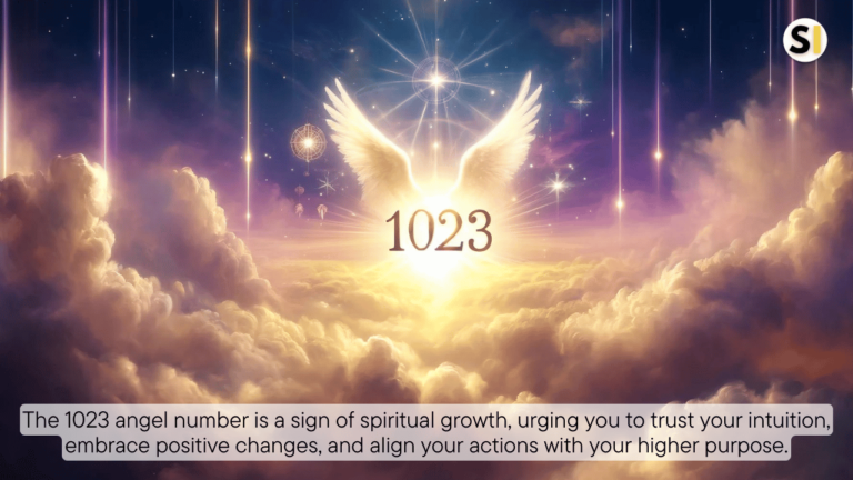 Glowing numbers '1023' float in a serene, twilight sky, illuminated in soft golden light, surrounded by celestial symbols like stars and feathers. The peaceful backdrop of clouds and warm hues of purple, pink, and blue evokes divine presence and angelic guidance.