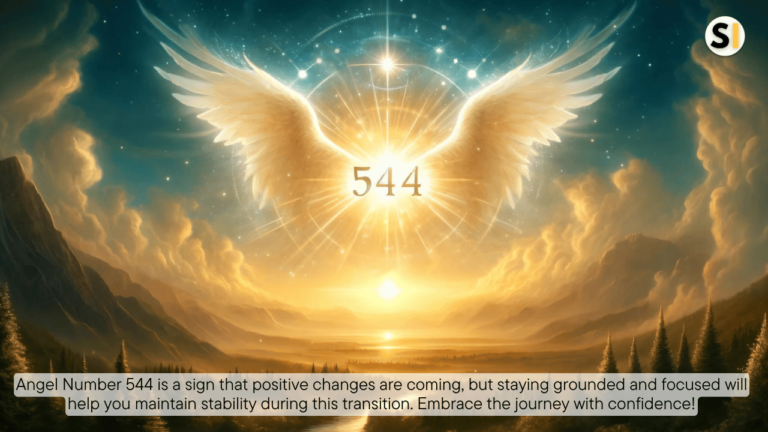 An ethereal scene with the number 544 glowing in the sky, surrounded by angelic wings. Below, a peaceful landscape with mountains, trees, and a calm river under a golden sunset symbolizes stability. Rays of divine light shine from the clouds, representing spiritual guidance and transformation.