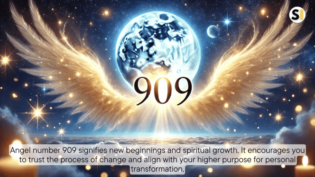 A celestial scene with the glowing number 909 illuminated in bright light. The background features a peaceful night sky filled with stars and a radiant full moon. Soft angel wings and a golden glow subtly appear, symbolizing spiritual guidance and divine presence.