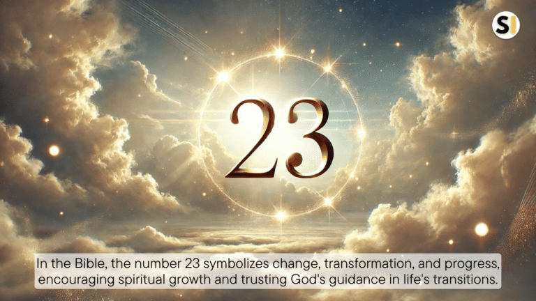 A glowing number 23, surrounded by divine light in a serene, celestial sky. Soft clouds and a sunbeam shine through, symbolizing spiritual insights with a golden aura. Peaceful and contemplative mood connects the number to biblical themes.