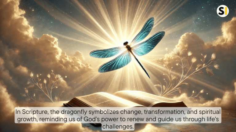 A glowing dragonfly hovers above an open Bible, bathed in soft divine light. Its wings shimmer with hues of blue and gold, symbolizing transformation and spiritual insight. The Bible is surrounded by gentle clouds and a halo of light, creating a serene, heavenly atmosphere.