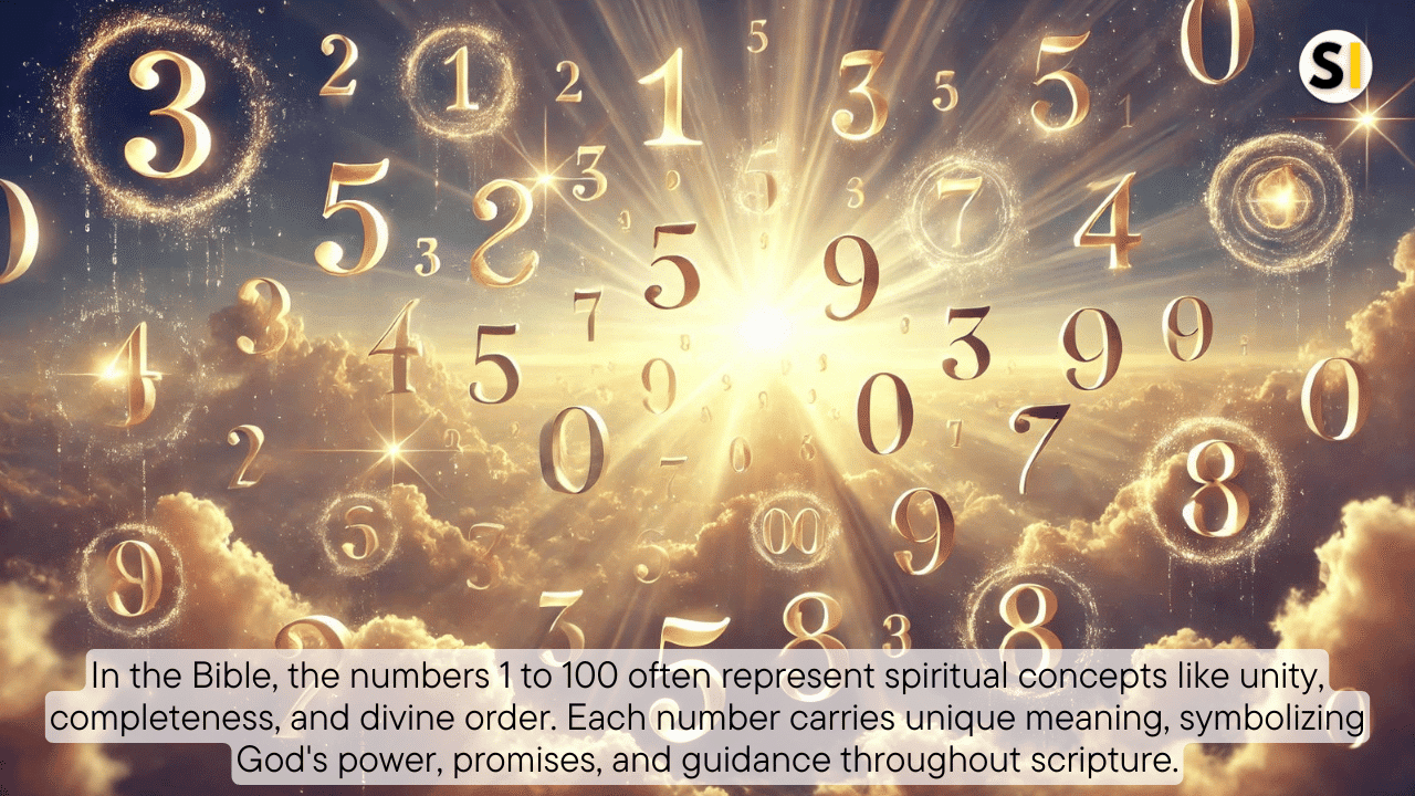 Numbers 1 to 100 glow softly in a peaceful, ethereal sky. Sunlight breaks through clouds, symbolizing divine presence. The calm scene reflects hidden spiritual meanings within the numbers, creating a heavenly and thoughtful atmosphere.