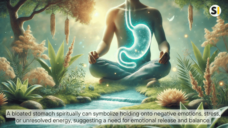 A serene spiritual scene with a person meditating in nature, soft glowing light around their stomach area symbolizing healing and spiritual connection. The atmosphere is peaceful, with plants and flowing water, suggesting introspection and tranquility.