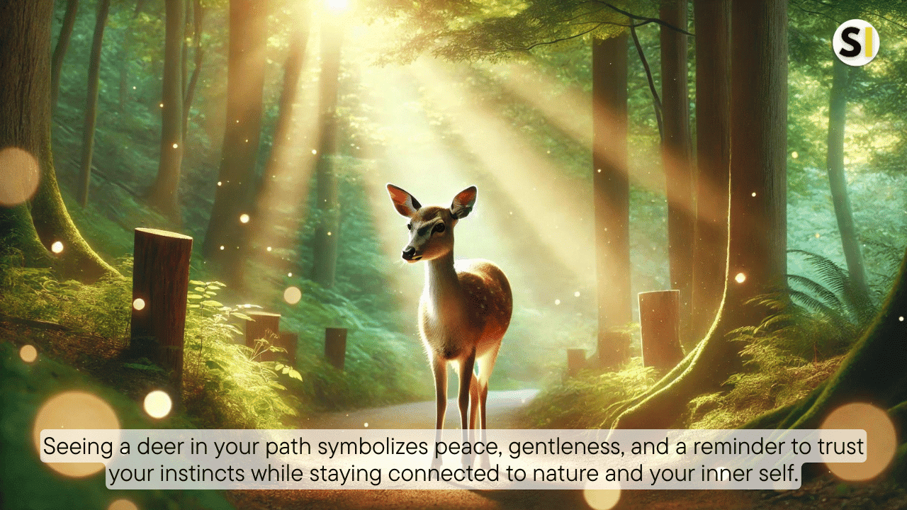 A serene deer standing gracefully in the middle of a tranquil forest path, bathed in soft golden light. The peaceful scene is surrounded by lush greenery, with floating light particles symbolizing purity and divine guidance, evoking spiritual calm and sweetness.