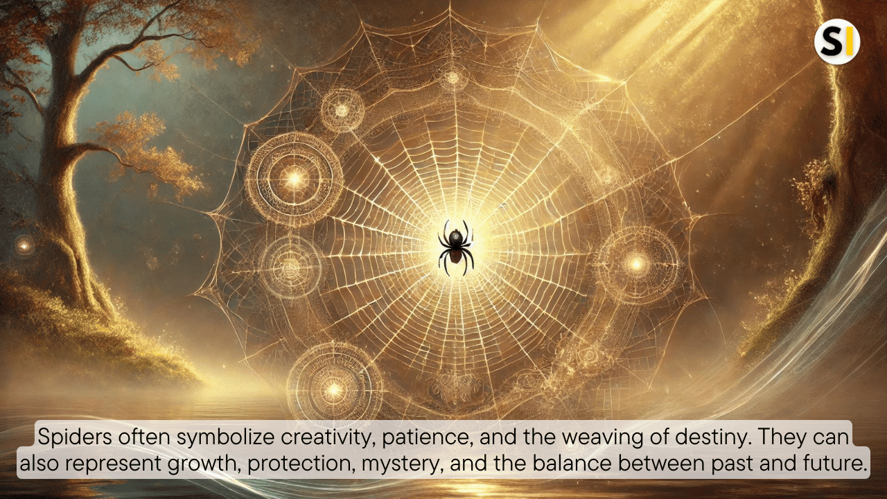 A mystical spider suspended in the center of an intricate web glistening in golden sunlight. The scene is surrounded by glowing orbs, symbolizing wisdom and spiritual connection, set in a tranquil, misty forest.