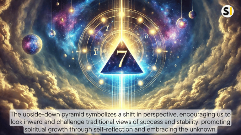 A glowing, upside-down pyramid floats in a starry sky with the number 7 illuminated at the center. Beams of light radiate from the pyramid, symbolizing spiritual awakening. The scene features swirling cosmic energy and soft clouds, with a mystical atmosphere in hues of blue, purple, and gold.