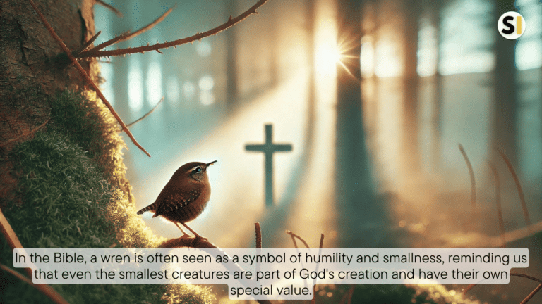 A serene scene of a small wren bird perched on a branch, with soft sunlight filtering through trees. The peaceful setting hints at spiritual reflection, with earthy tones and a subtle cross-shaped shadow in the background, symbolizing biblical insights.